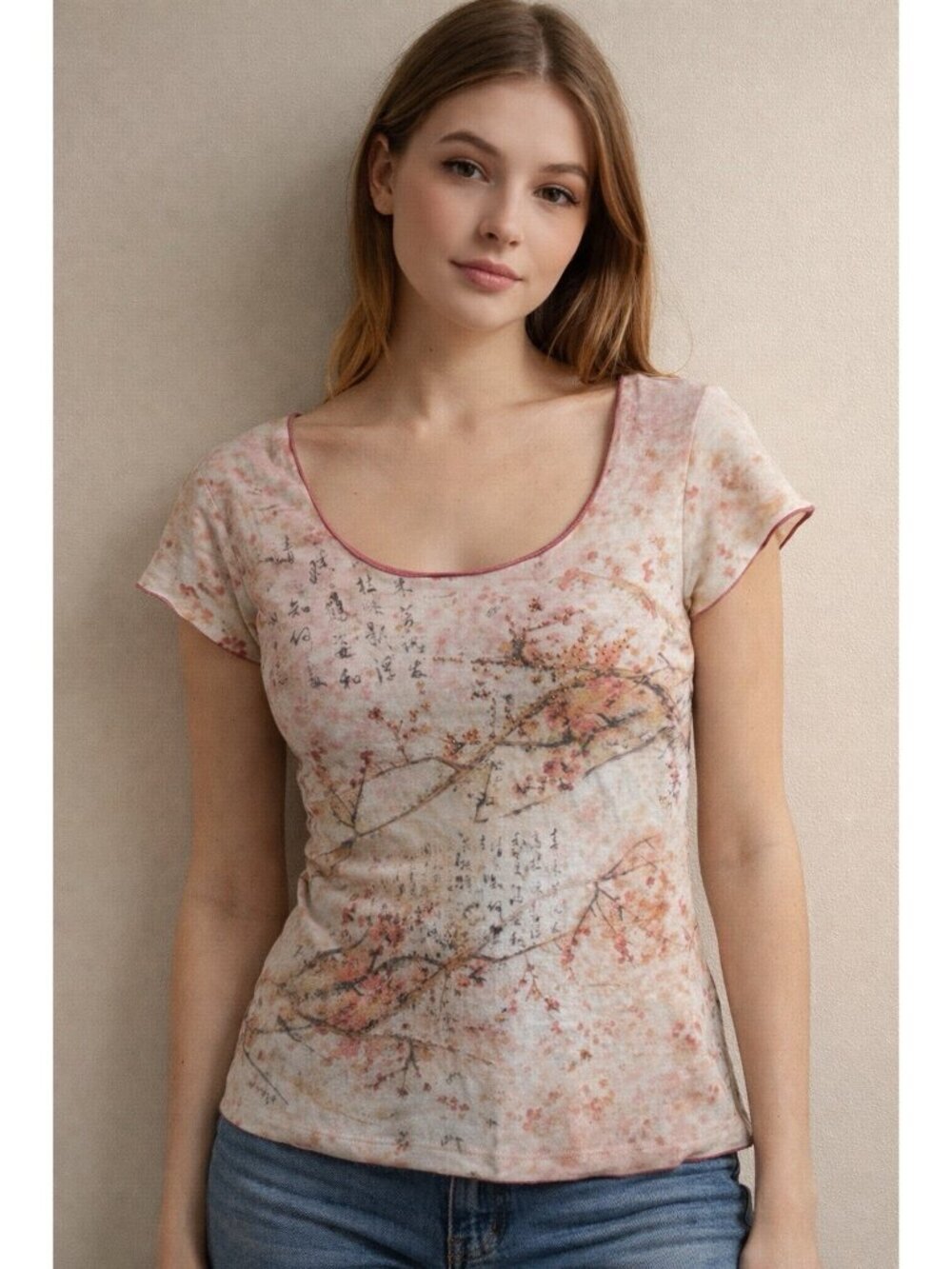 Vintage Y2K Japanese Blossom Writing Print Cotton Sequin Baby Tee Medium